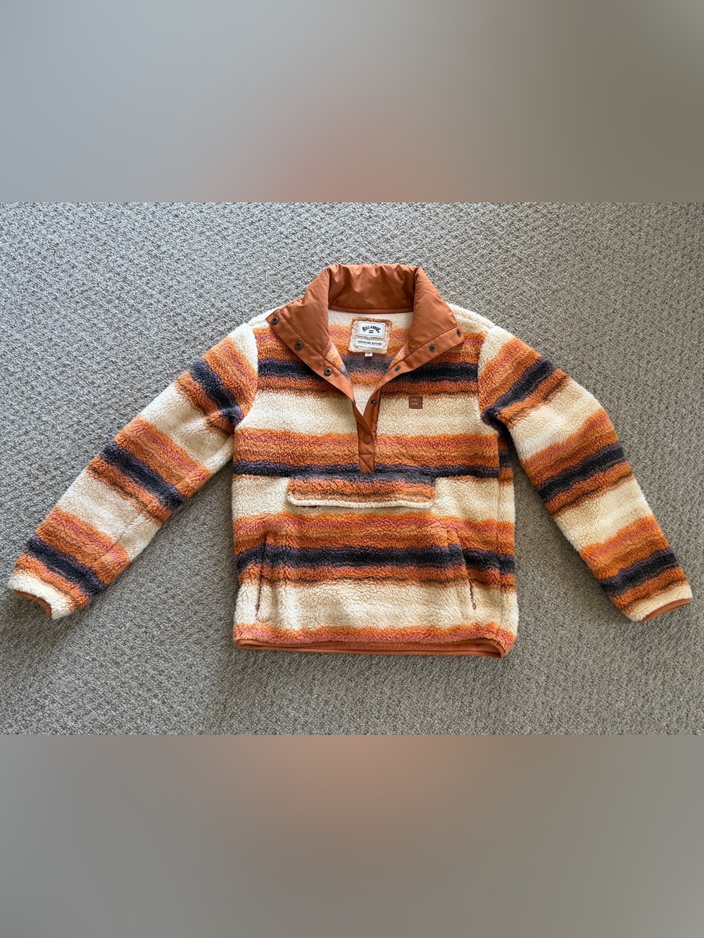 Billabong Women’s Orange, Cream & Black Striped Sherpa Zip Pullover